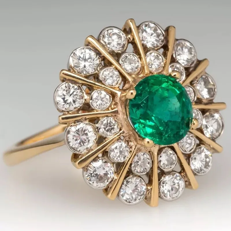 Wunderschöner eingelegter weiß-grüner CZ-Damenring, trendige Goldfarbe, handgeschnitzt, für den täglichen Gebrauch, Party-Schmuck, Jubiläumsgeschenk