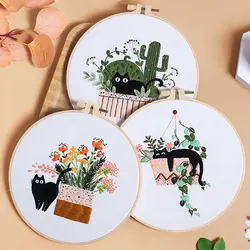 New DIY Embroidery Needlework Tools For Beginners Home Sewing HandCrafts Kit Embroidery Set Flowers Plants Cat Pattern Handmade