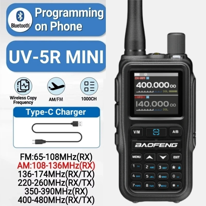 Baofeng 5R Mini Walkie Talkie Long Range Bluetooth Programming 5Watts Wireless Copy Frequency Ham Radio Camping Vhf Uhf Air Fm