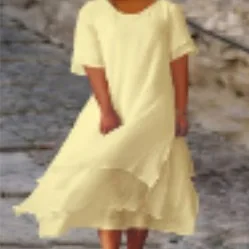 Moda e lazer dupla camada dividida manga curta em torno do pescoço vestido para mulher solta cor sólida irregular vestido longo 2025