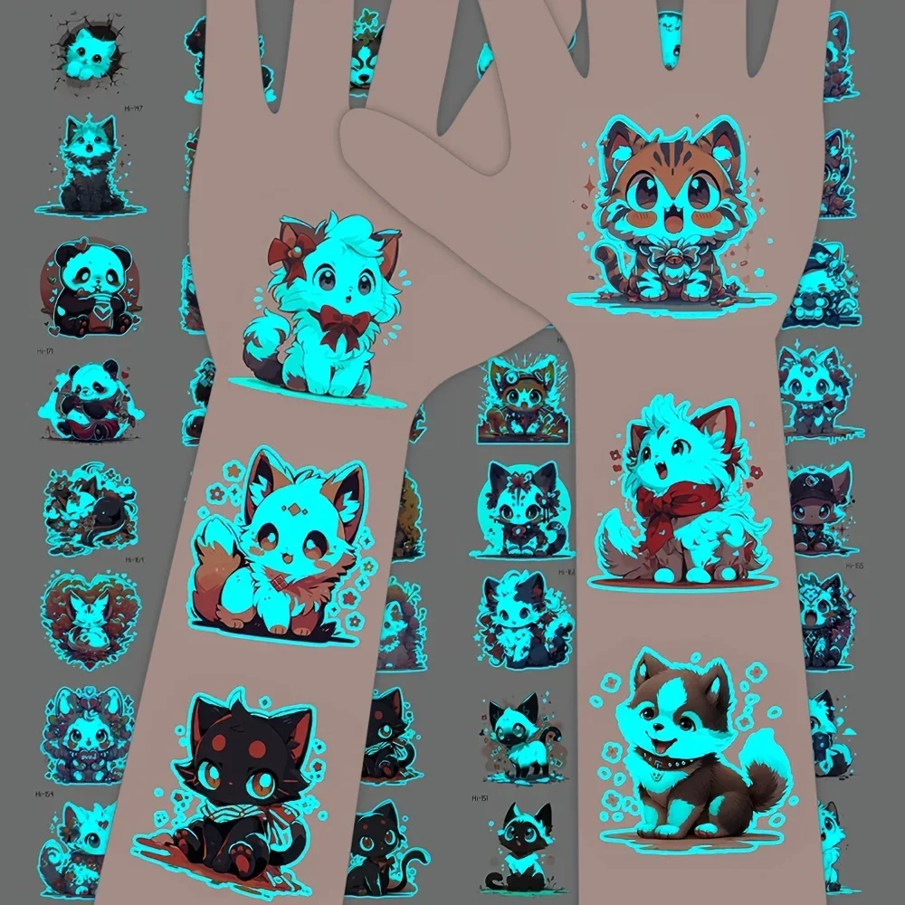 25 Sheets Blue Luminous Tattoo Stickers Cartoon Cute Cat Dog Panda Fox Pet Animal Temporary Tattoos Watercolor Fake Tattoo Hand