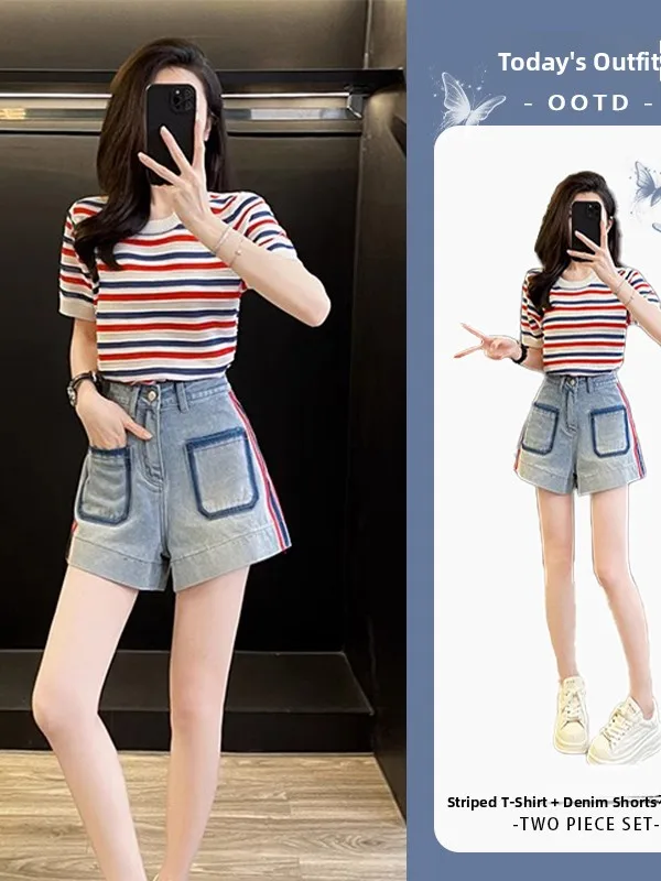 

Summer Casual Knitted Stripe Color Block T-Shirt Short Sleeve Slimming Denim Shorts Set Women's Anti-Aging Fashion Ensemble