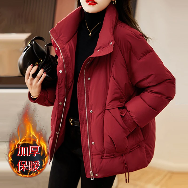 Oversize Red Parkas Short Down Jacket 2024 Women's New Thickened Warm Outwear Winter Ladies Zipper Windproof Casual Coat Blouse