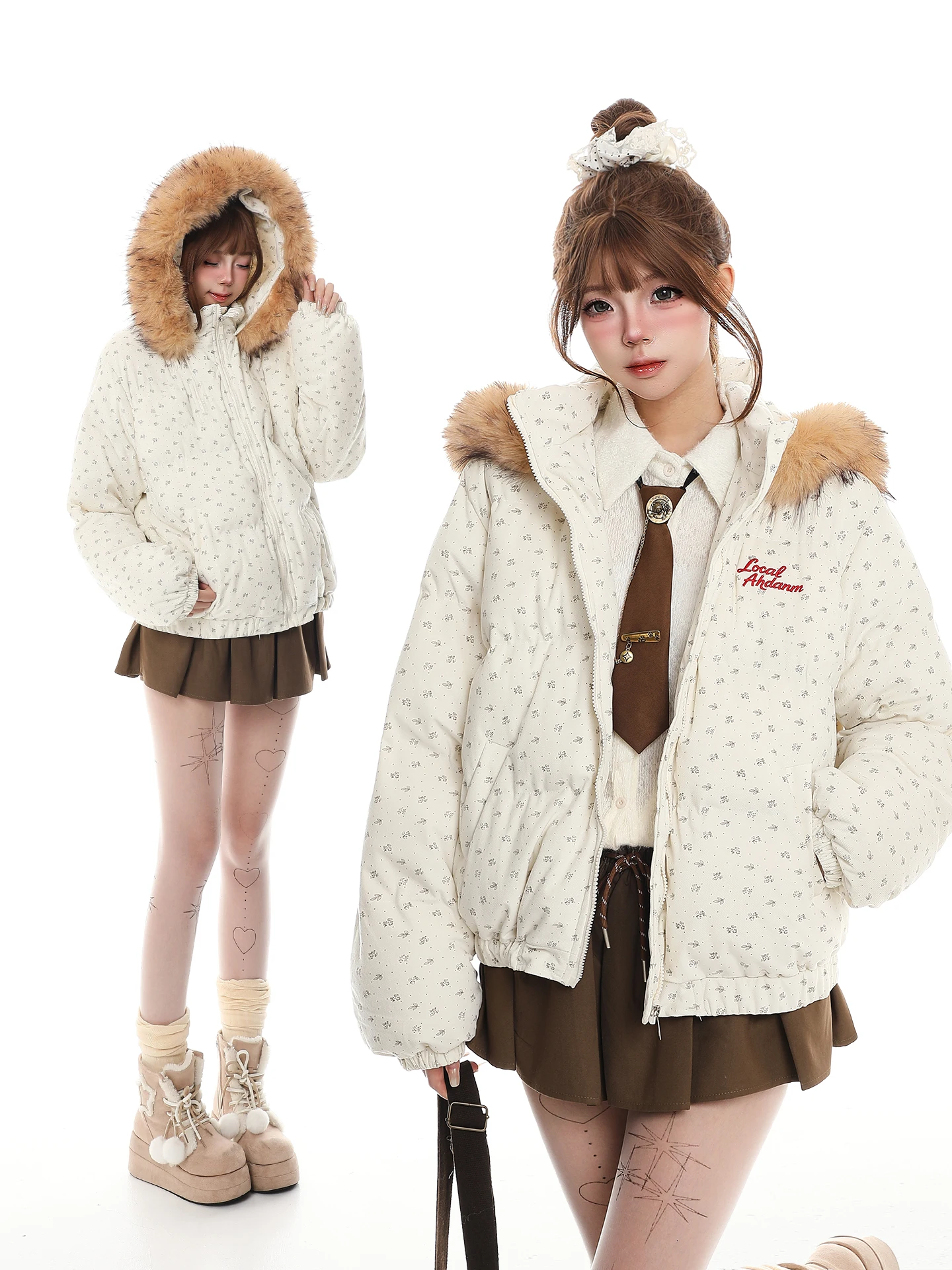 

Korean Sweet Sle Floral Print Hooded Thiened Warm Cotton Jaet Women's Winter Removable Fur Collar Bread Coat Outerwear