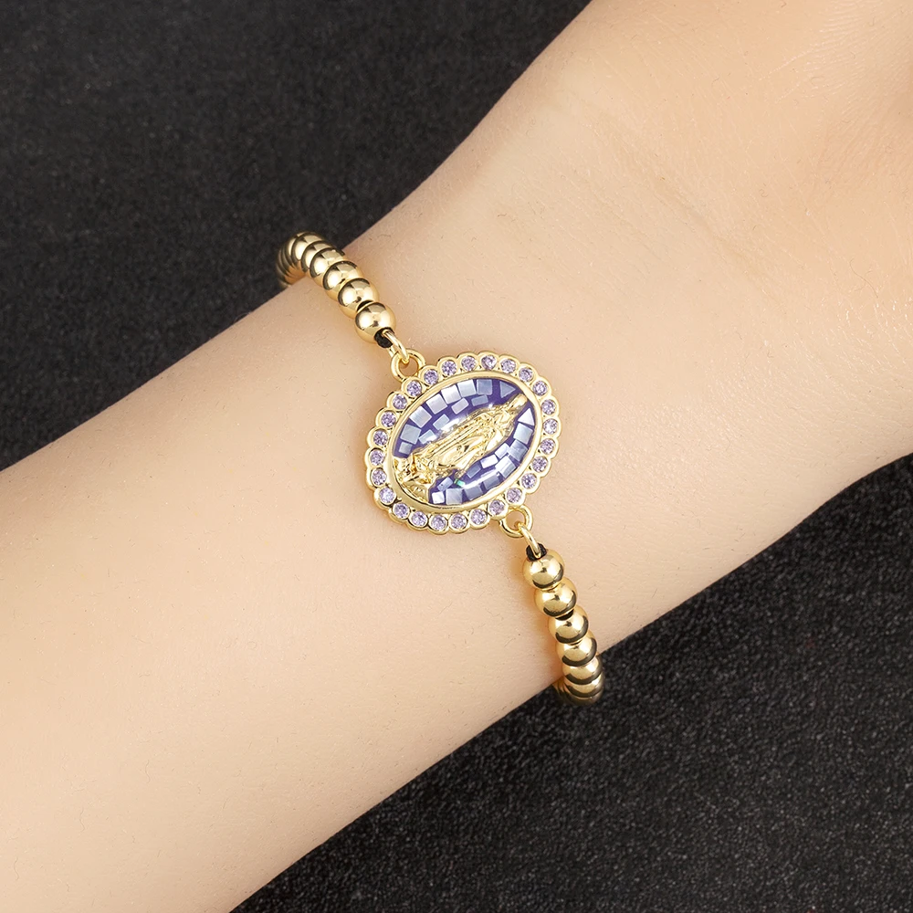Nidin Classic New Design Oval Shape Virgin Mary Shiny Zircon Charm Chain Bracelets Adjustable 6 Colors Female Jewelry Gifts