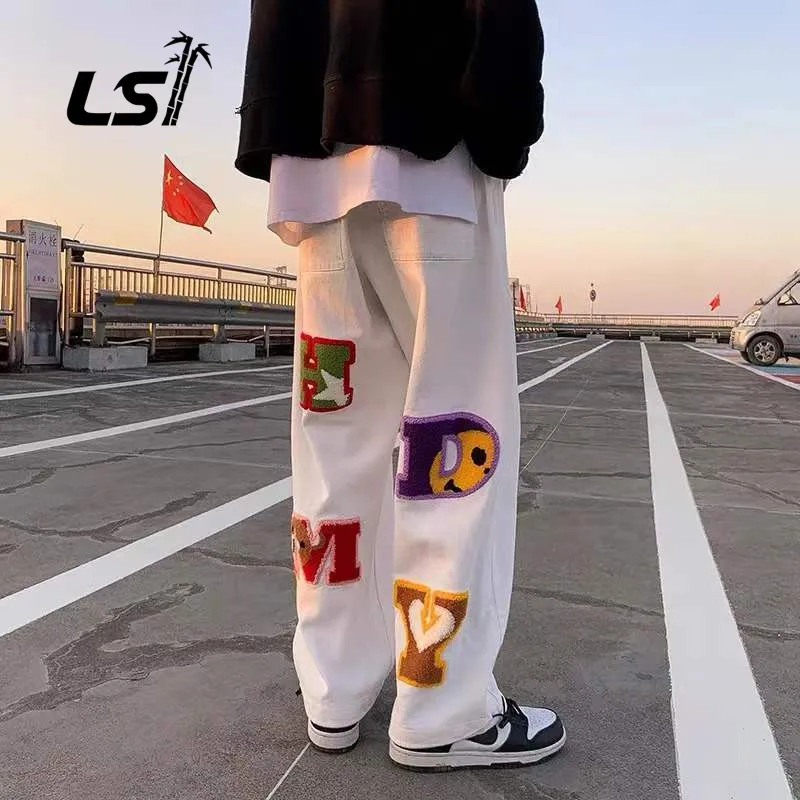 Letter Embroidery Straight Pants Tide Brand Hip-Hop Y2K High Street Wide-leg Pants Sportswear Casual Couple Retro Fashion Loose