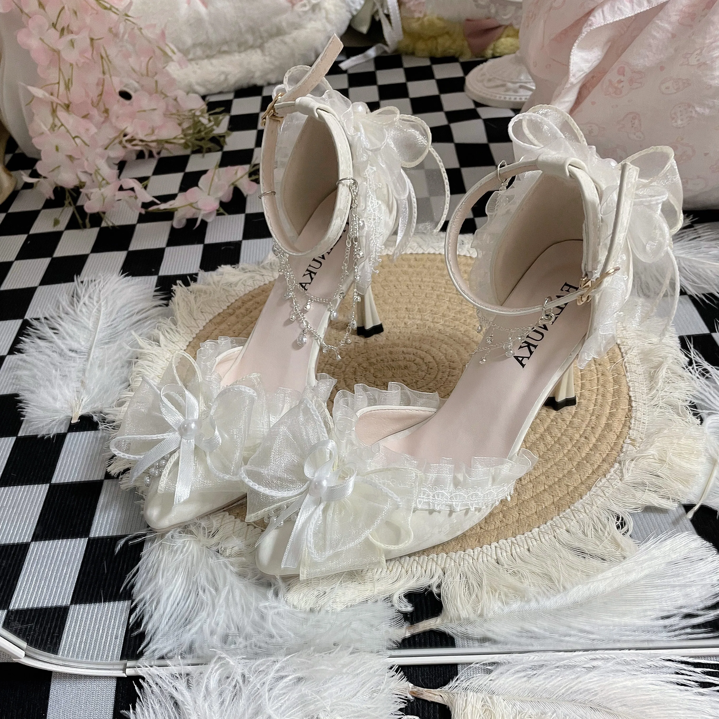 

Туфли-лодочки Sweet Lolita на высоком каблуке с острым носком, жемчужно-белые, для выпускного вечера, свадебные, для женщин, романтические, с цветочным узором, для сценических выступлений