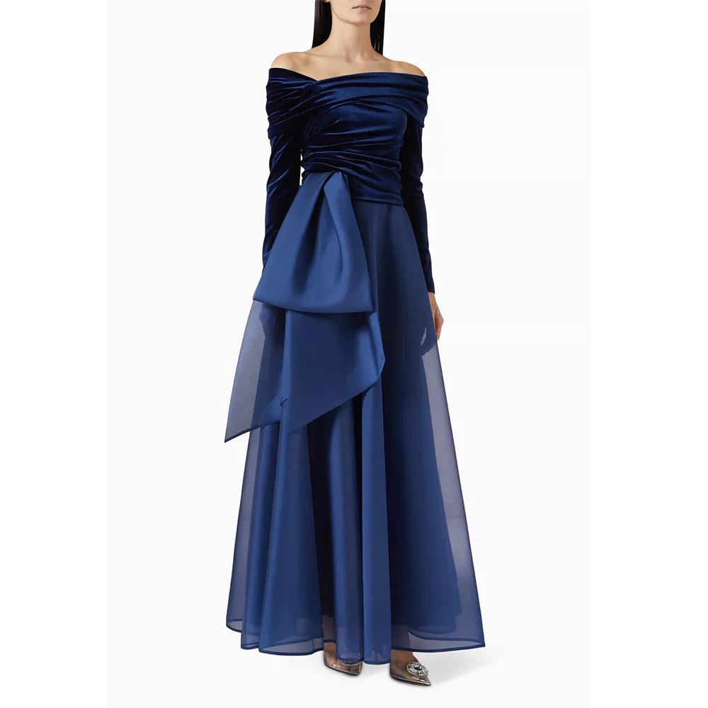 DRESS FORU Blue Elegant Evening Dresses Velour for Floor-Length Off the Shoulder Prom Dress A-line Vestidos De Fiesta Customized