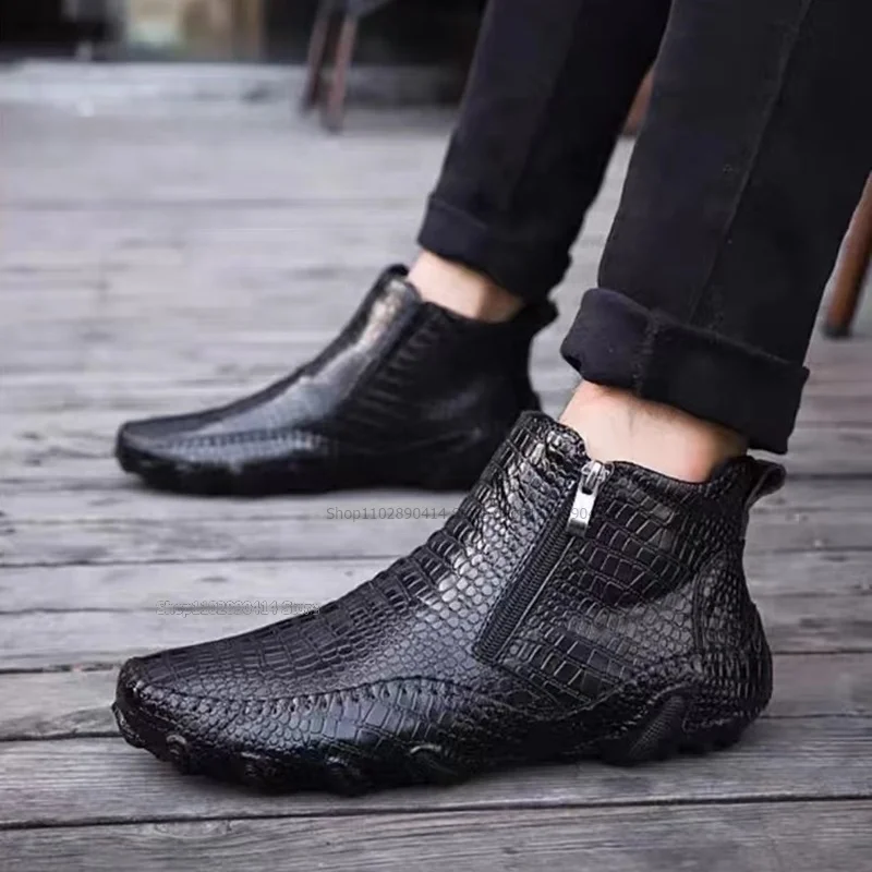 

Black Alligator Print Side Zipper Ankle Boots Genuine Leather Fashionable High Top Men Shoes Handmade Runway Casual Men Shoes