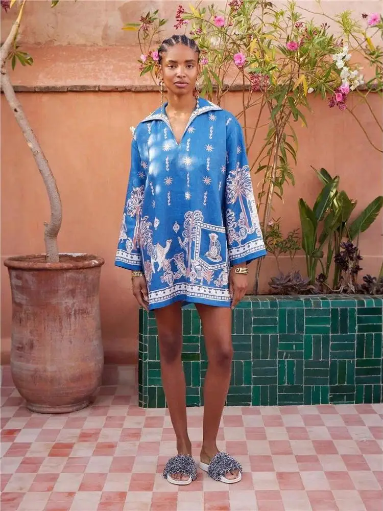 Slimming Long Printed Linen Dress 2026 Waist-Cinching Ethnic Style Casual Travel Casual Summer Shirt Dress for Women