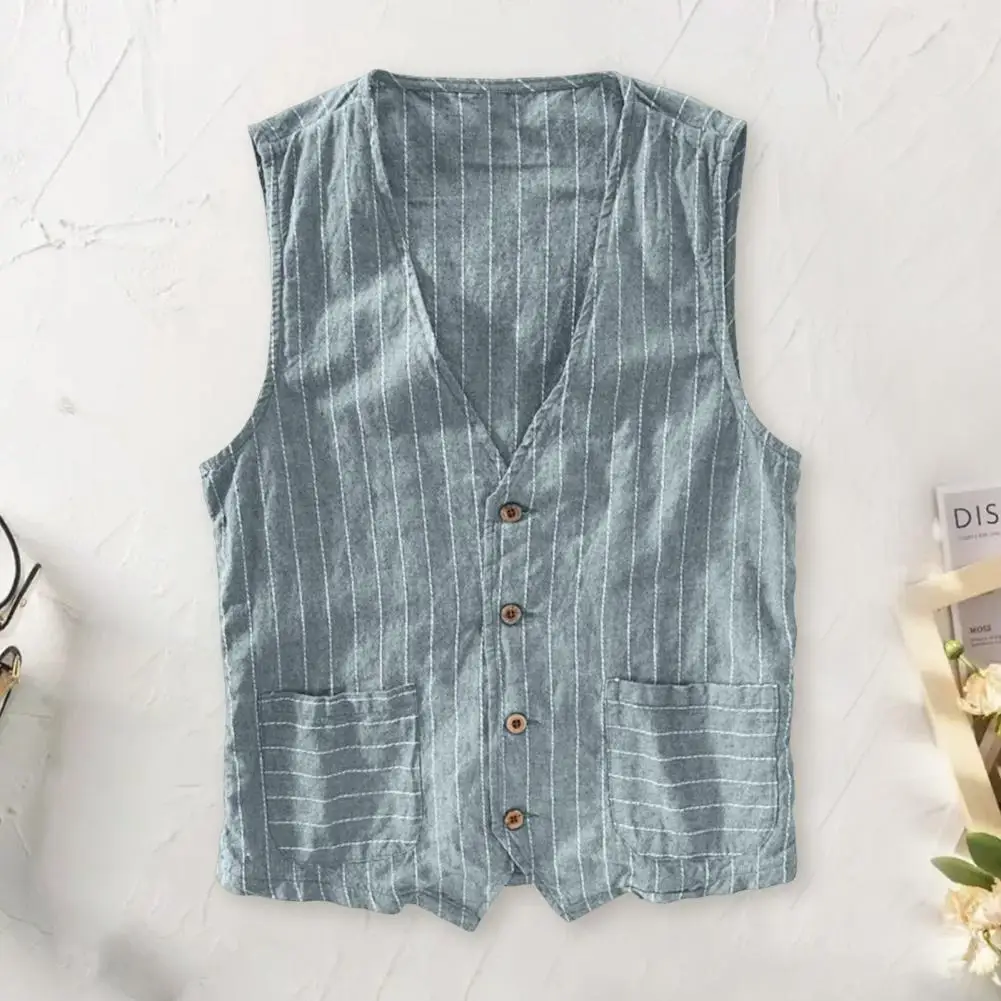 Men Color Block Waistcoat Stylish British Men's V-neck Striped Waistcoat with Pockets Retro Vest Coat for Fashionable Gentlemen