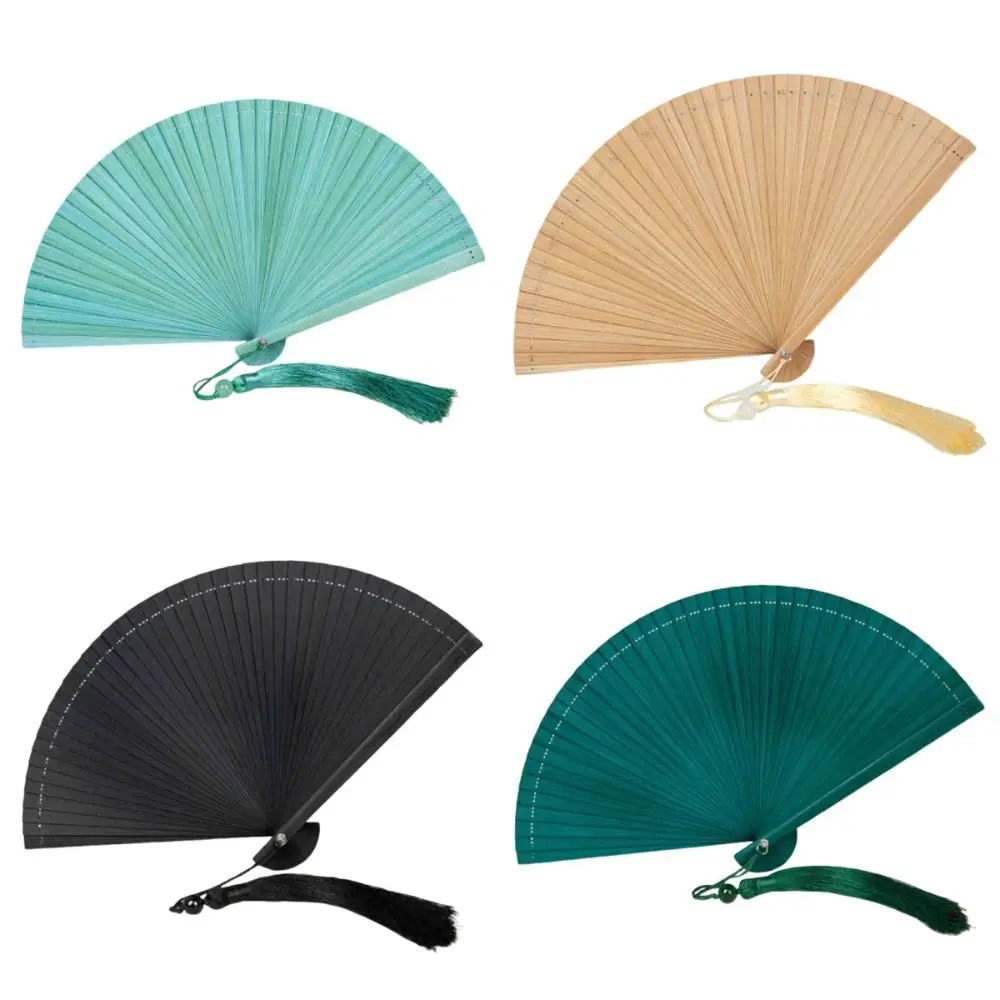 Chinese Style Solid Color Bamboo Fan Exquisite Retro Tassel Folding Fan with Random Tassel Portable Elegant Handheld Fans
