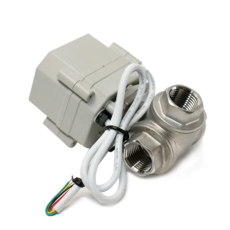3-Way DN8/DN10/DN15 صمام كروي من الفولاذ المقاوم للصدأ بمحرك تحكم كهربائي 9-24VAC/DC أو 110-230VAC صمام تشغيل/إيقاف إرجاع تلقائي