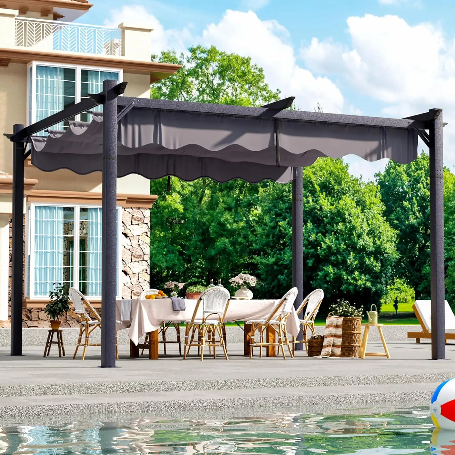 

10'x12' Outdoor Pergola with Retractable Canopy, Patio Metal Heavy-Duty Gazebo Shelter for Backyard, Deck, Garden