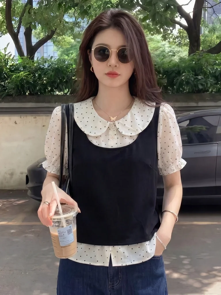 

Summer New Polka Dot Short Sleeve Doll Collar Shirt Women's plus Size Loose Fit Commute Style Korean Version Ageless Top