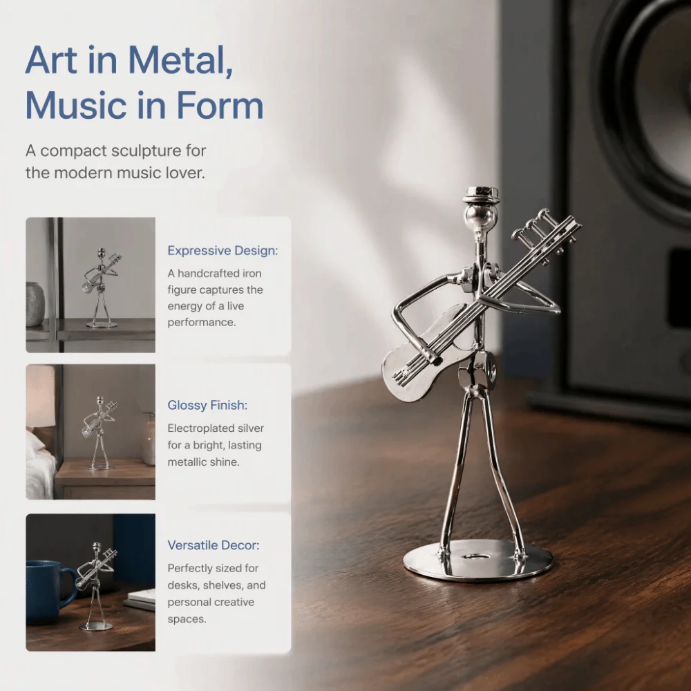 Iron Materia Metal Musician Sculpture Electroplated Finish Silver Electric Guitar Player Statue Desktop Size Musician Man Decor
