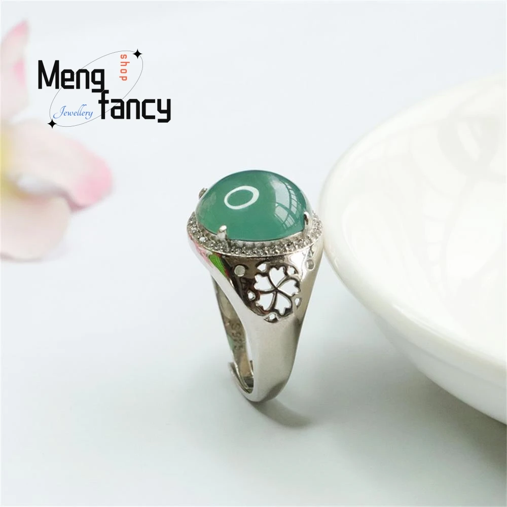 S925 Silver Inlaid Natural Jadeite Ice Blue Water Pigeon Egg Ring Exquisite Elegant High-grade Couple Luxury Fashion Jewelry