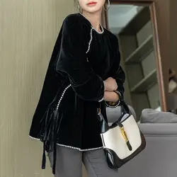 Vintage Beaded Blouse Black Velvet Shirt Chinese Style Fashion Long Sleeve Autumn Winter Temperament Lady Commuter Shirts