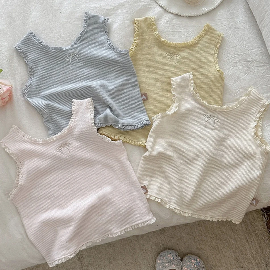

Girls Embroidered Lace Trim Sleeveless Tank Tops Children Summer Casual Cute Vest Fashionable Kids Clothing Comfortable Apparel