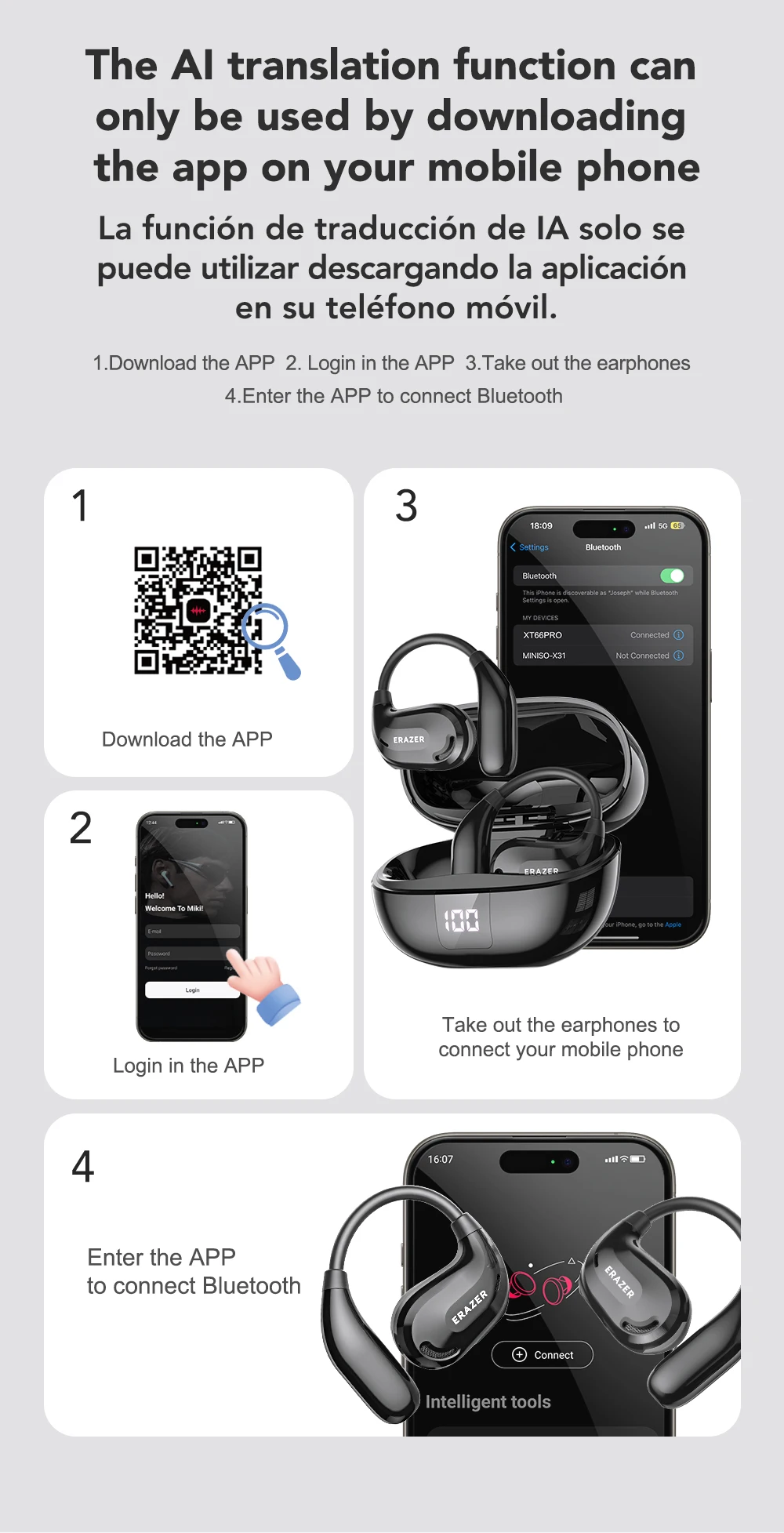 ERAZER XT66PRO Bluetooth-Kopfhörer ASMR-Headsets DIY APP KI-Übersetzer-Ohrhörer Kabellose Kopfhörer 13 Stunden Lange Akkulaufzeit mit Display – Detail 5