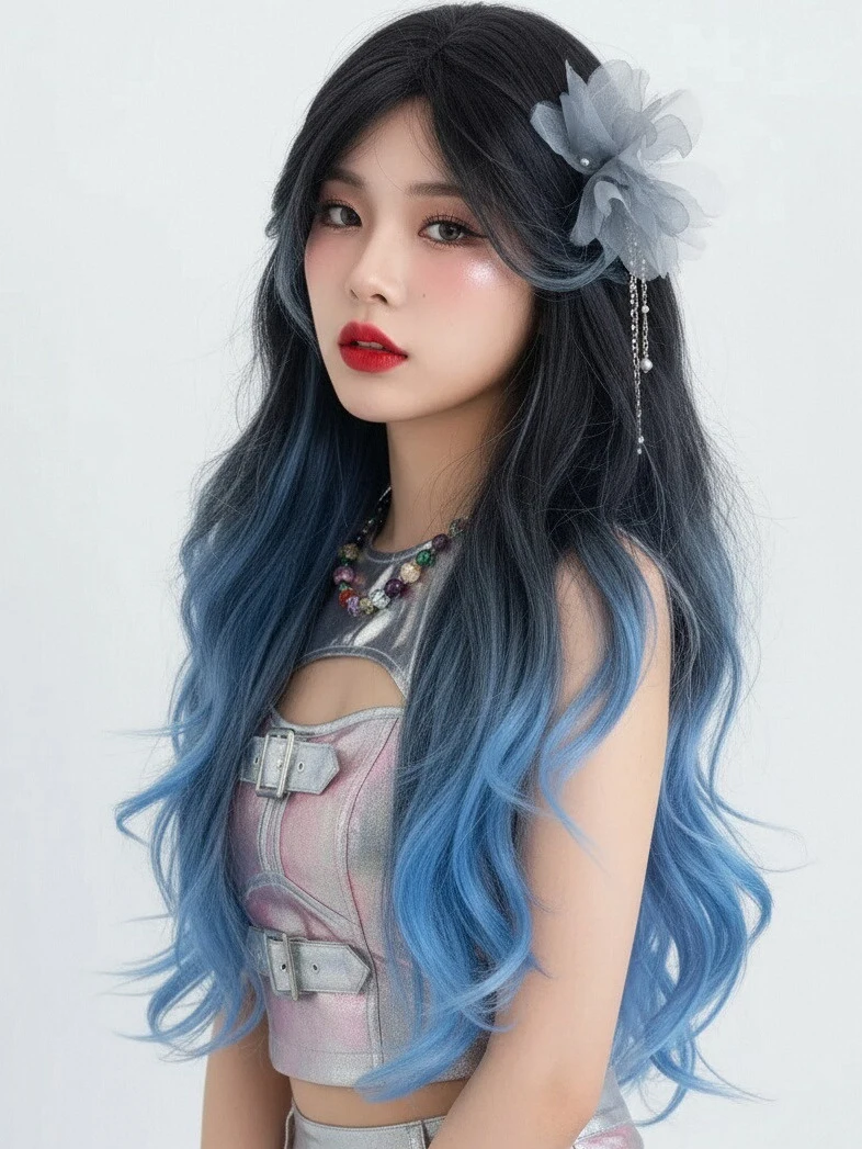 أسود أومبير الأزرق الاصطناعية المرأة شعر مستعار مع الانفجارات طويلة متموجة لوليتا تأثيري شعر مستعار رقيق مقاومة للحرارة للحزب اليومي #1