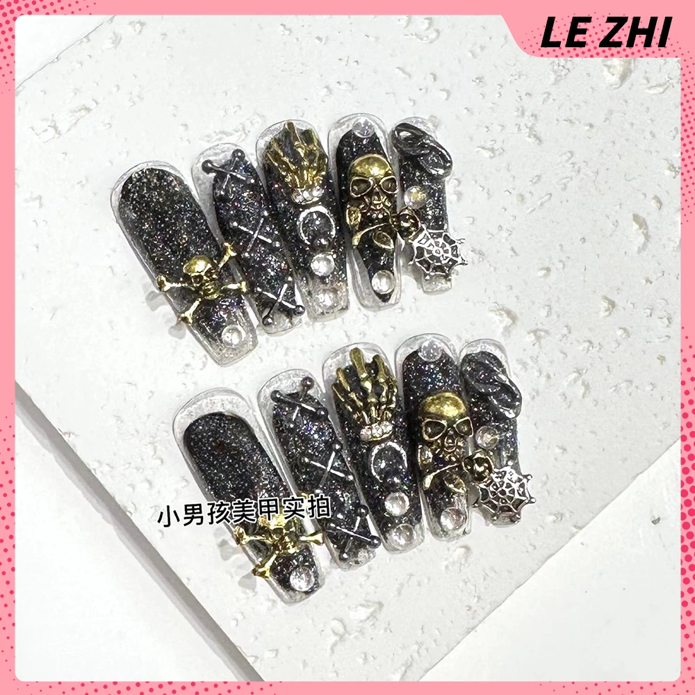 10pcs Handwork Rhinestone Hello Kitty Full Cover Nails Coffin Almond Square Customizable Size French Portable Press on Nails