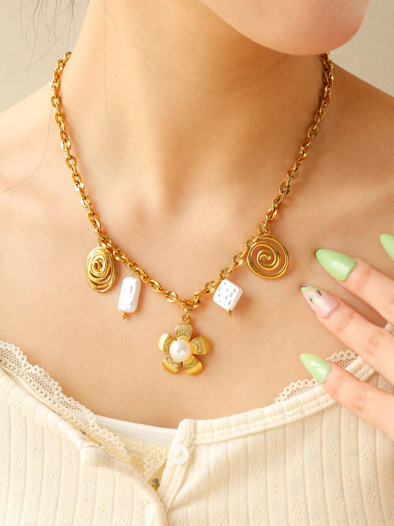 Charm Pearl Peach Blossom Line Pendant Stainless Steel Necklace Women Creative Design Unique Waterproof Necklace Jewelry