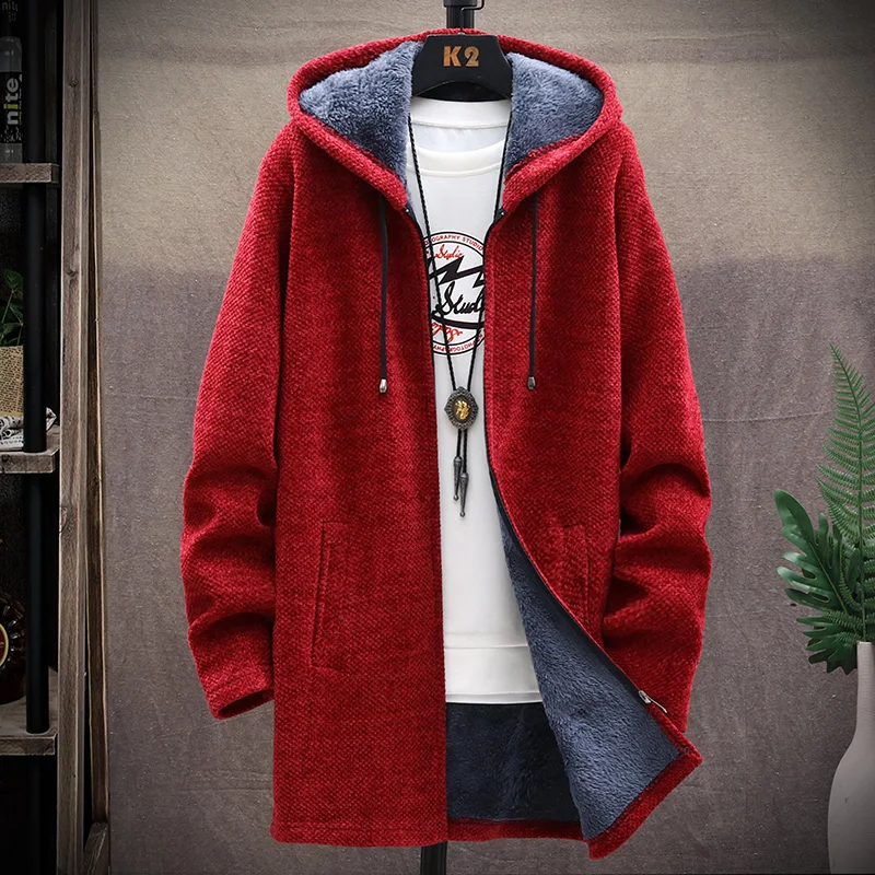 Moda di grandi dimensioni Casual Cardigan maglione tinta unita in pile caldo cerniera giacca con cappuccio nuovo abbigliamento uomo autunno e inverno