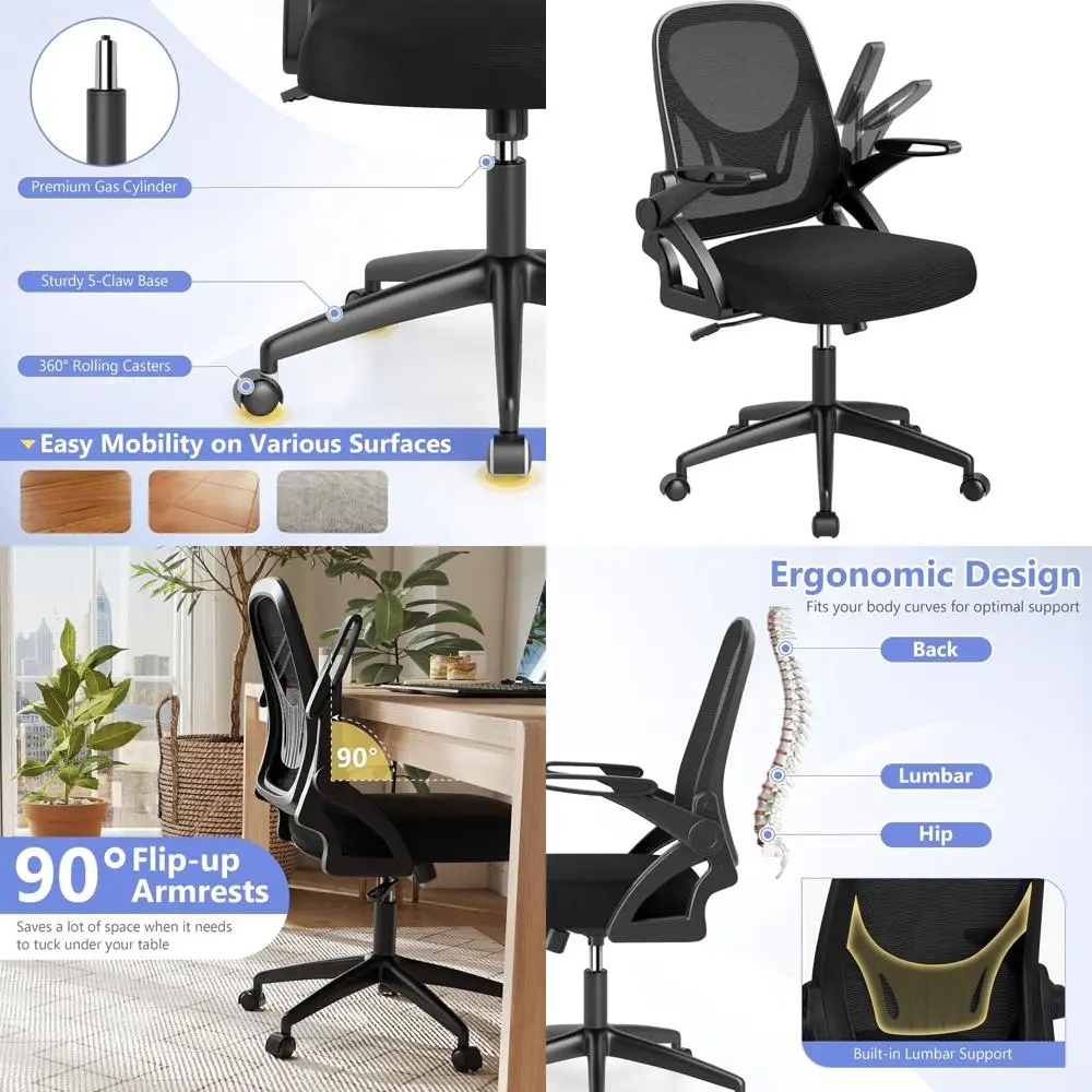 

Ergonomic High-Back Swivel Chair with Adjustable Height, Flip Arms, and Lumbar Support for Home Office Desk (Black)