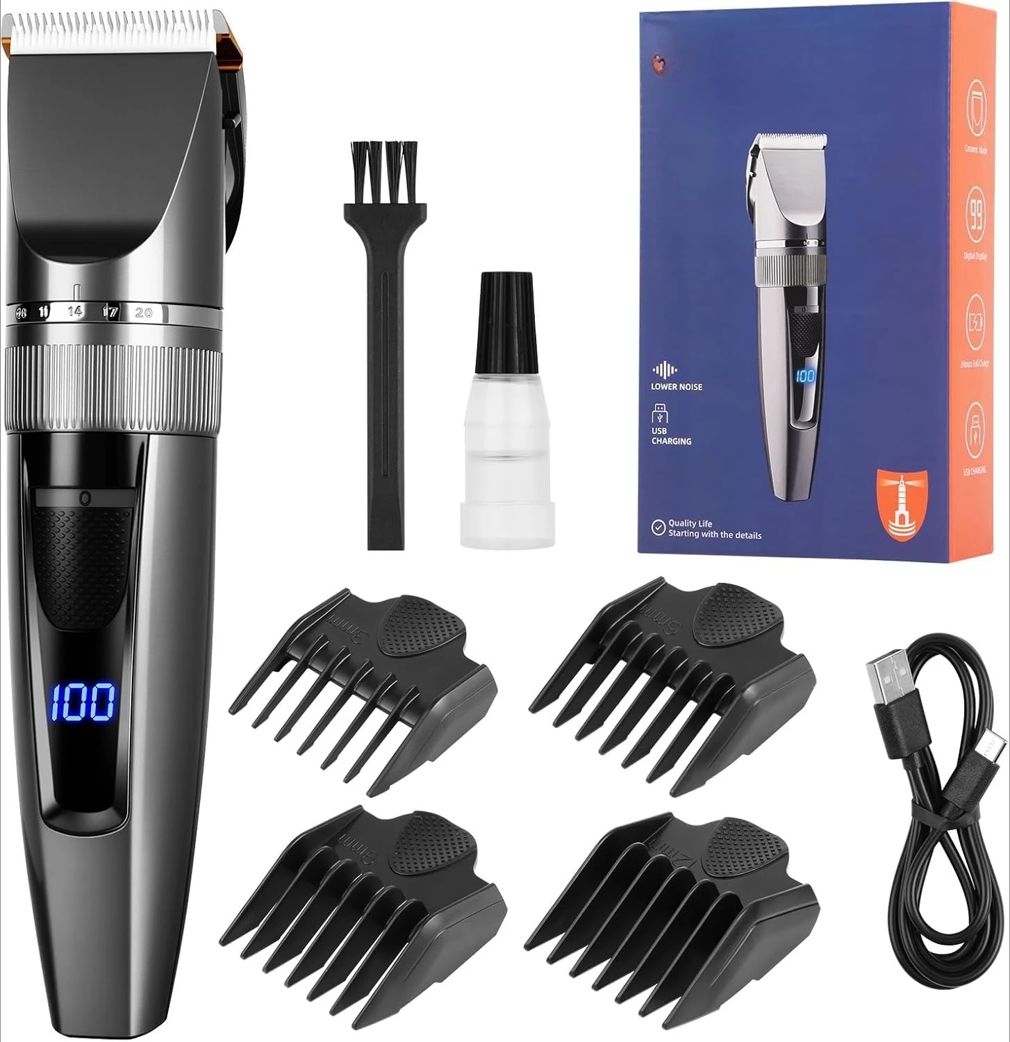2026 New Upgrade Hair Clippers Men, Professional Hair Trimmer Shaver With LCD Display With 4 Limit Combs Cordless Rechargeable B