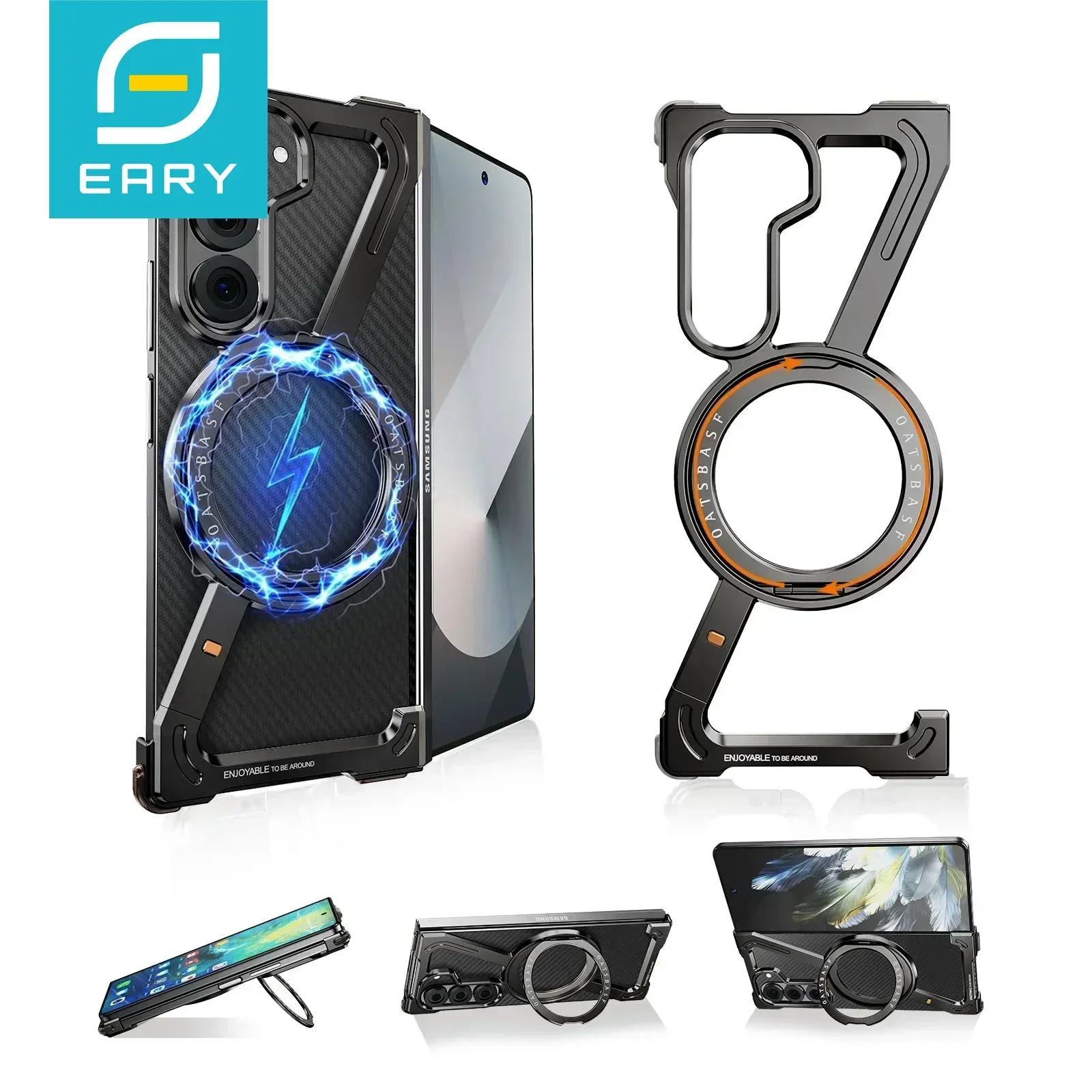 

Eary для Samsung Galaxy Z Fold 6 5, металлический чехол для телефона с подставкой Magsafe Ring, металлический безрамный магнитный защитный чехол для экрана