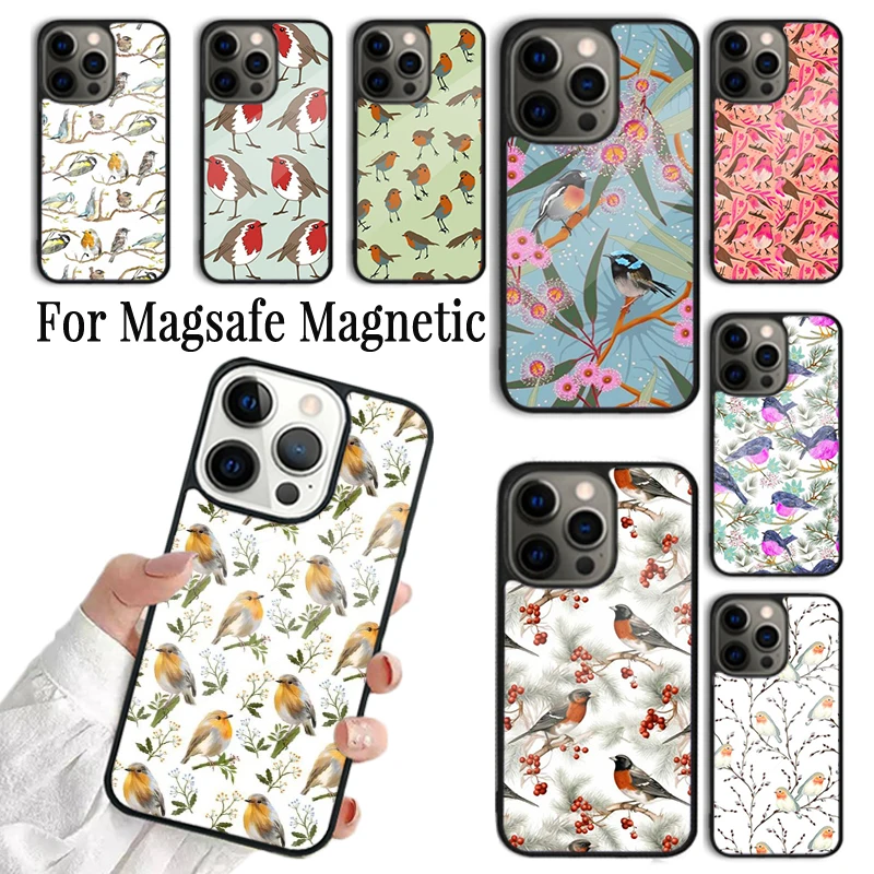 Coque Phone Case For iPhone 16 15 14 13 12 Mini 11 Pro Max Plus Magsafe Magnetic Wireless Charging Cover Robins Bird