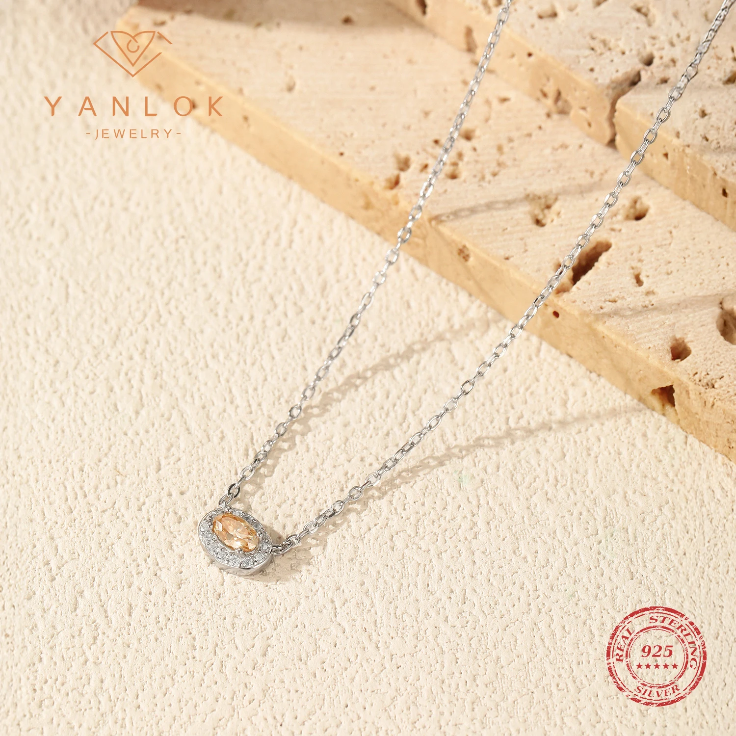 

YANLOK 925 Sterling Silver 0.3CT Oval Cut Yellow Moissanite Halo Pendant Necklace For Women High-End Party Fine Jewelry