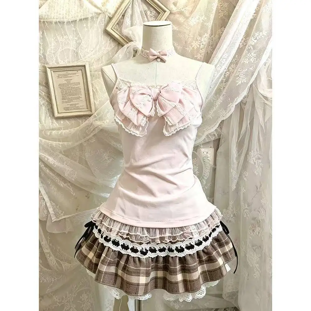 Elegant Y2K Lolita 2 Piece Suit for Women Sweet Slim Vest Girls Japanese Harajuku Mini Skirt Design Casual Fashion Piece