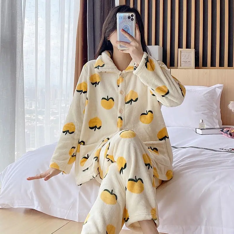 2023 New Autumn Winter Thick Coral Fleece Pajamas Women's Set Loungewear Plus-plus-size Cute Flannel Long-sleeved Sleepwear