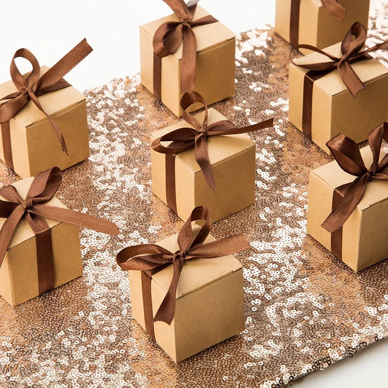 100PCS White Brown Gift Candy Box Bulk with White Ribbon Party Favor Box DIY Candy Chocolate Gift Box for Wedding Birthday