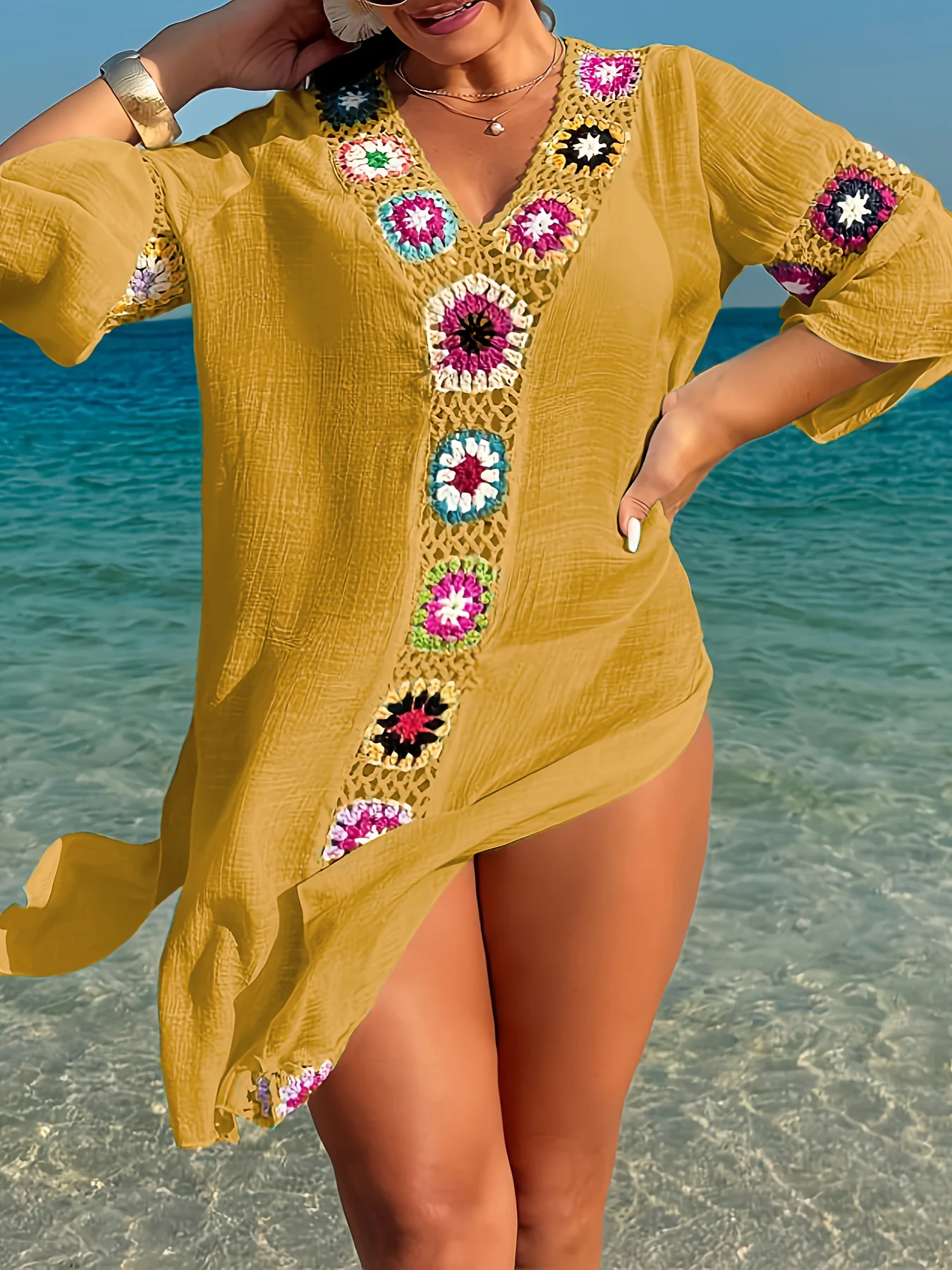 MOXDOBohemian Crochet Beach Dress, Loose Flared Sleeve Vacation Tunic for Pool & Seaside view 3