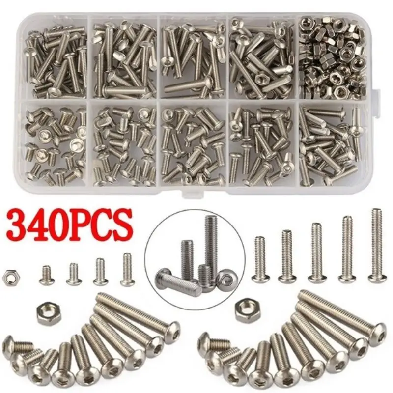 340PCS/SET M3 Stainless Steel Hex Socket Screws Nut Set With Box