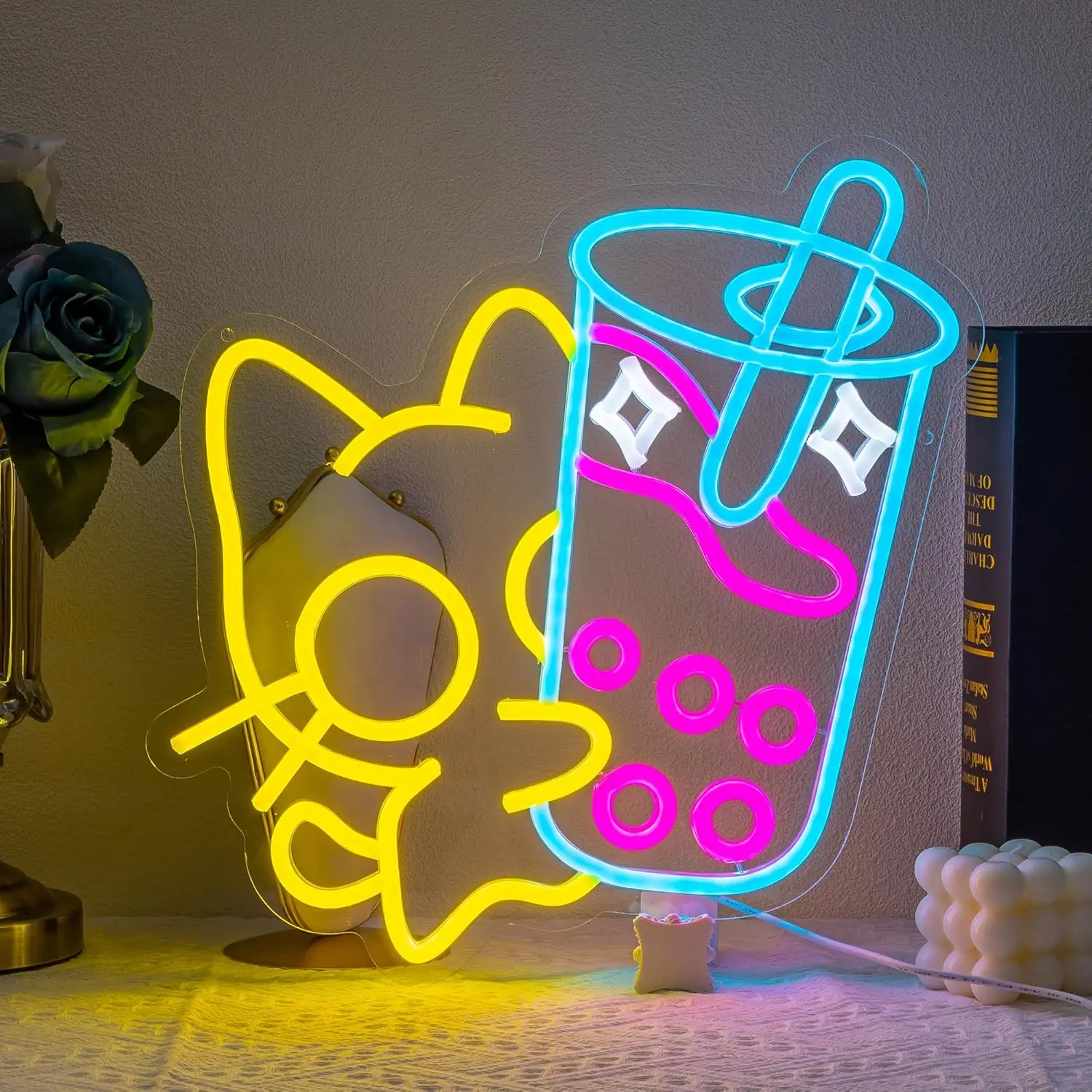 Neon Cat Boba Tea Neon Light LED Neon Sign For wall Decor Dimmable Neon Light For bedroom Bar Coffee Dessert Stores Decor