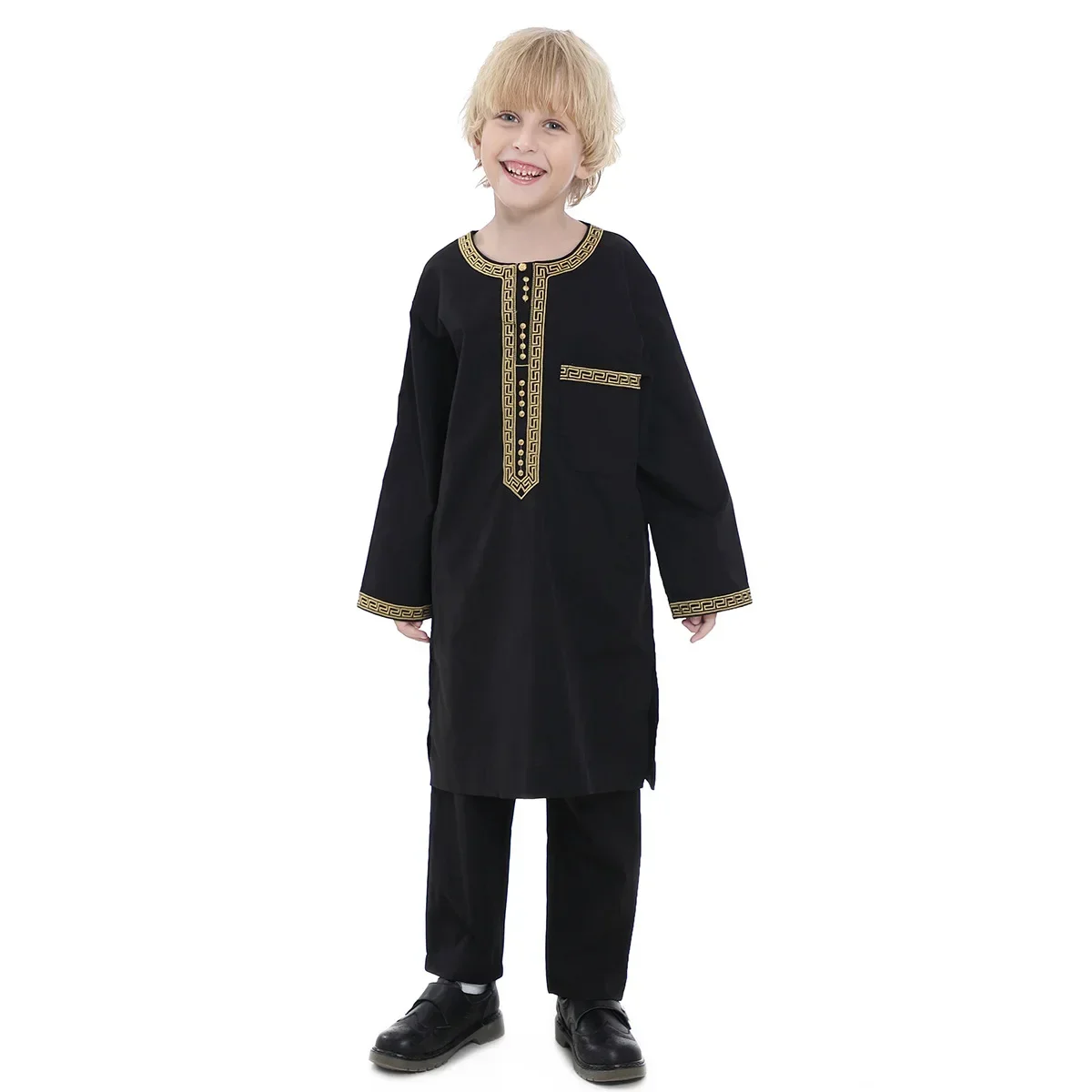 Muslim Children Robe 2 Pieces Set Kids Boy Round Neck Long Sleeve Printed Dress Shirt Abaya Kaftan Jubba Thobe Islamic Clothing