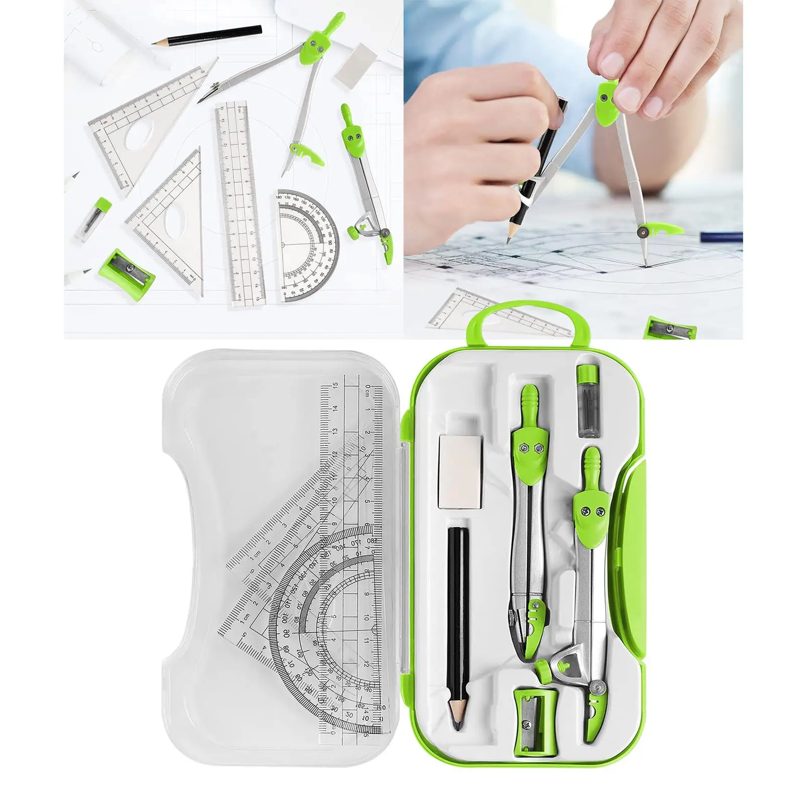 Math Geometry Kit Protractor Compass Set Triangle Ruler Stationery Eraser for Drafting Engineering Office Tools Teachers