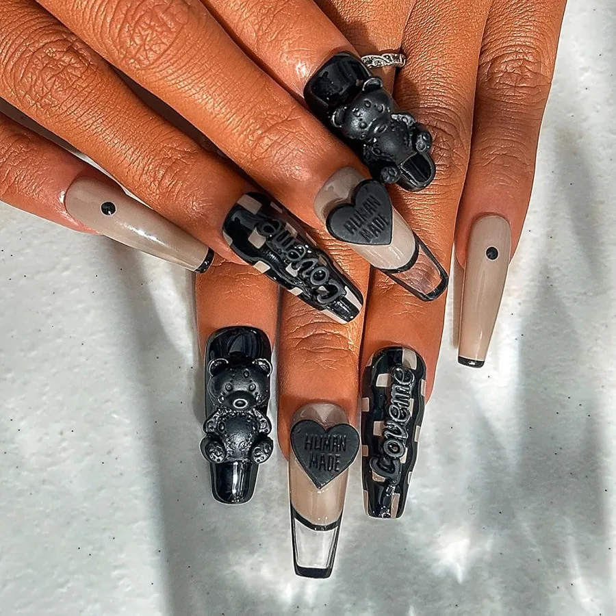 

Французские длинные гробы, накладные ногти ручной работы, глянцевые акриловые роскошные накладные ногти, 3D черный бант, сердце любви, медведь, пресс на ногтях Checkerboa
