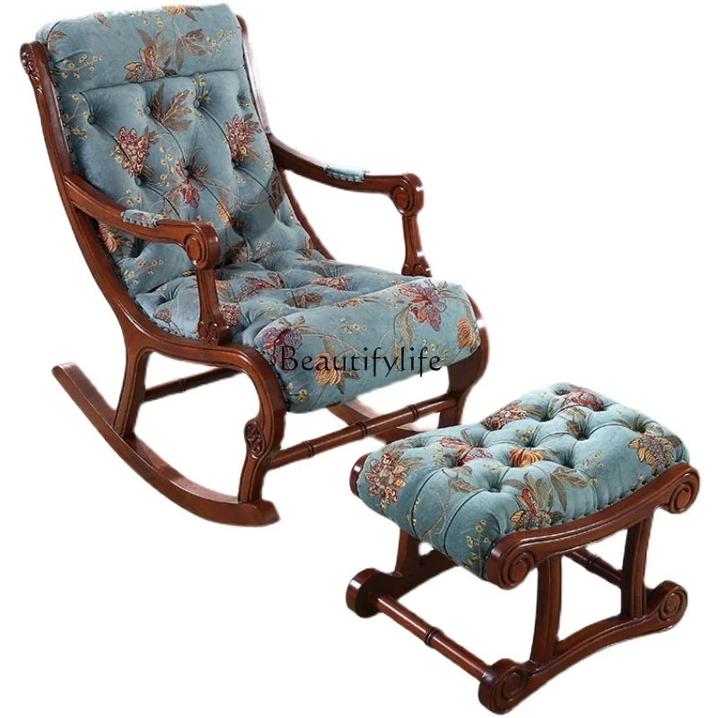 

American solid wood rocking chair lazy sofa balcony leather lunch break recliner European style
