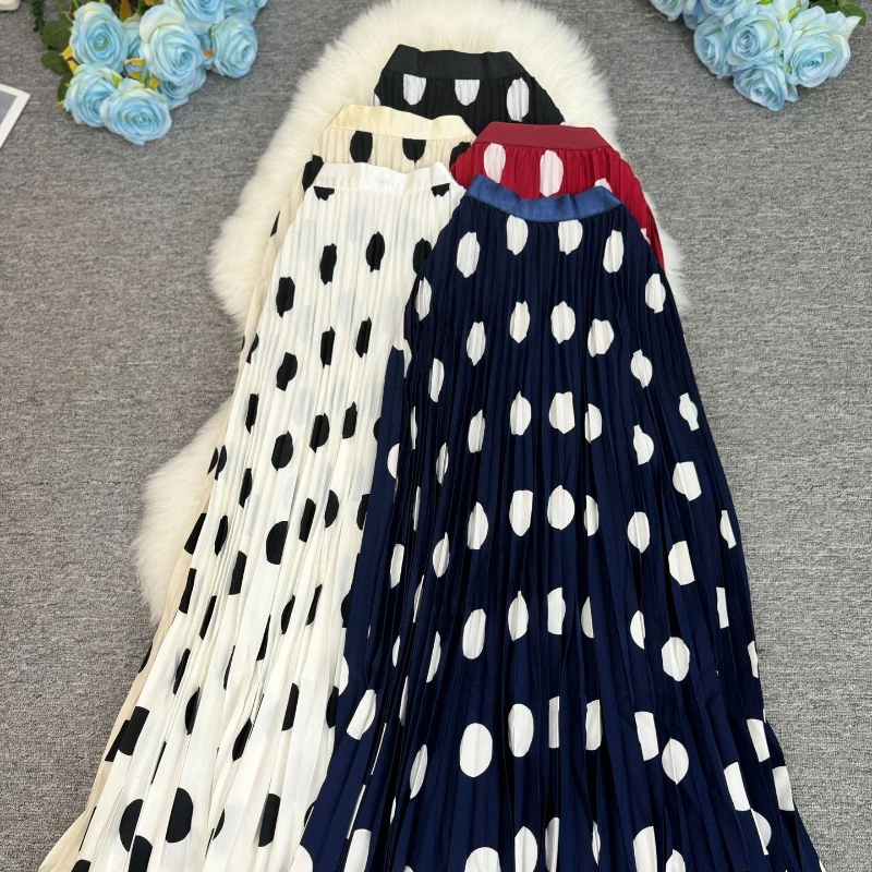 Vintage Dots Maxi Skirt for Women Fashion A-Line Pleated Skirt Elegant Skirts High Waisted Saias Ropa Mujer Casual Streetwear