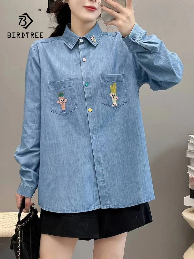Chemise en Denim à manches longues pour femmes, col rabattu, broderie coupée, Mori Girl French Sweet INS, chemisier ample, nouvelle collection automne 2025 T5O824CC