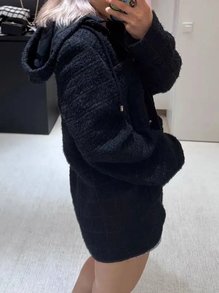 Fashion Work Lady Multi Pocket Jackets Retro Black Hooded Jacket French Style Autumn Winter Women Single Breasted Casual Coat