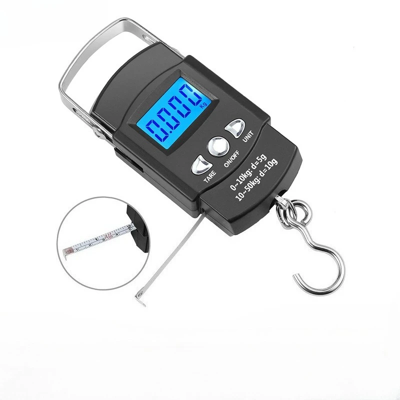 

110lb/50kg Electronic Scale Backlit LCD Display with Measuring Tape Balance Digital Fishing Hanging Hook Scale Tool
