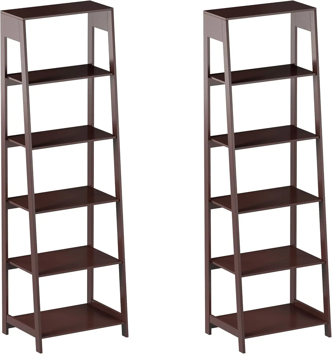 

5-Tier Ladder Shelf Pair - Set of 2 Leaning Storage Shelves or Bookcases for Living Room,Bathroom, or Office Decor (Dark Brown)
