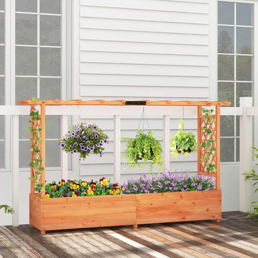 Raised Garden Bed with Trellis, 2 Pack Freestanding Wood Planter Box w/Hanging Roof & 8 Drainage Holes for Vine Climbing