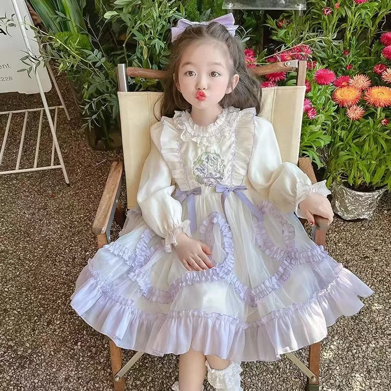 Autumn Winter New Girls Long Sleeve Princess Dress High-end Heavy-duty Stitching Sweet Bow Girl Dress